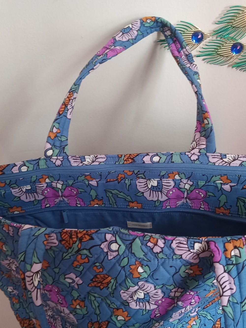 Vera Bradley Blue Quilted Floral Tote with Purple and Orange Accents - Picture 13 of 14